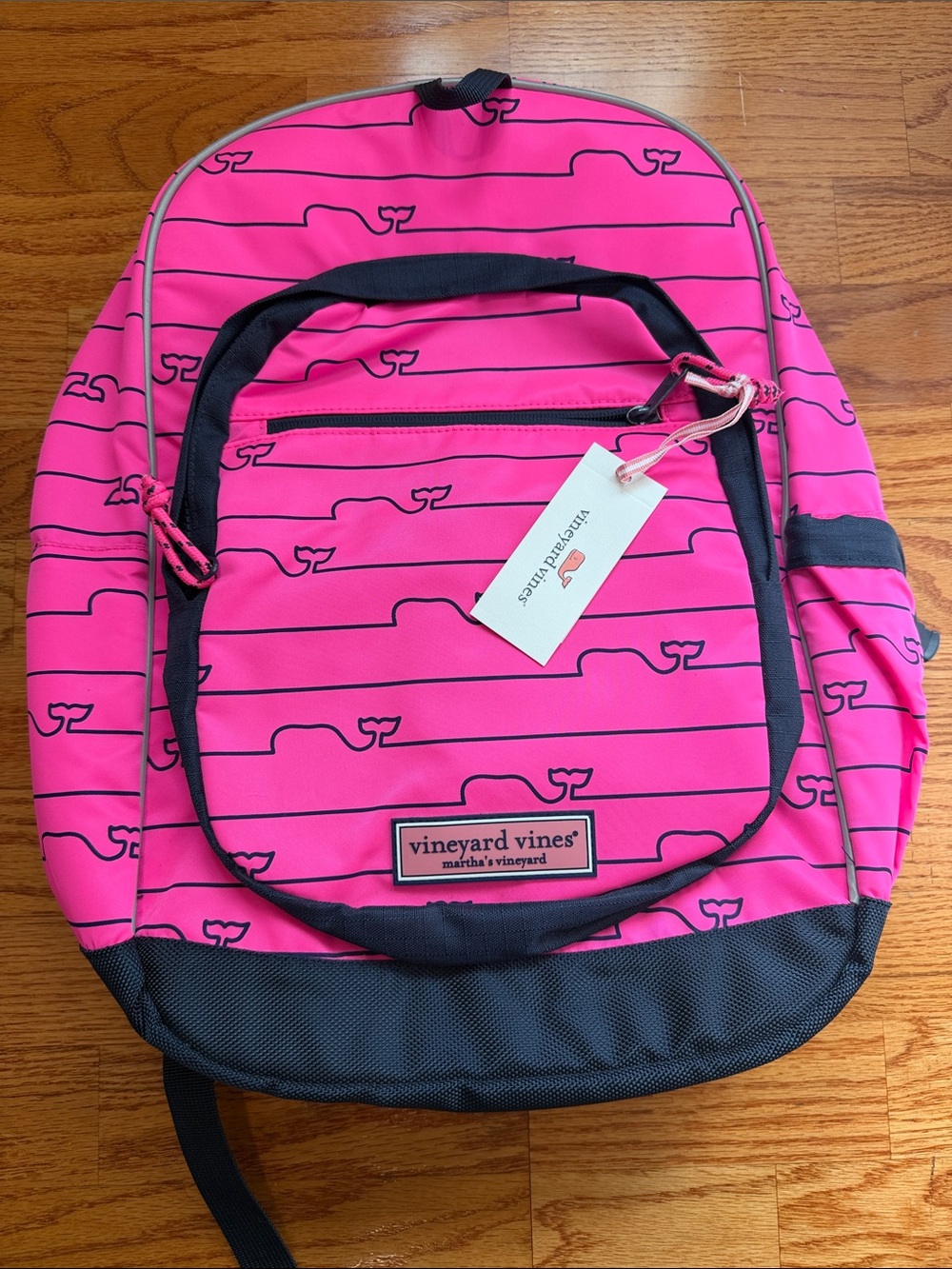 Vineyard Vines Hot Pink Whale Stripe Kids Backpack with Navy Trim